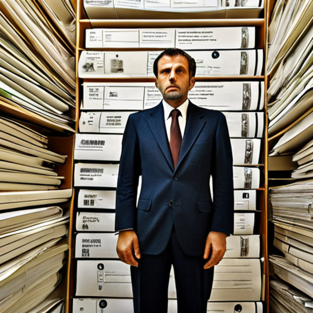 An Italian architect, a tired but determined expression on their face, surrounded by towering stacks of official Italian permits, blueprints, and bureaucratic forms. They are standing within a stylized, intricate labyrinth made of legal documents and regulations, with subtle hints of Milanese architectural elements in the background. The atmosphere is one of overwhelming complexity but also the quiet resilience of navigating it successfully. Focus on the concept of 'dragon with many heads' through the sheer volume and entanglement of paperwork.