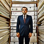 An Italian architect, a tired but determined expression on their face, surrounded by towering stacks of official Italian permits, blueprints, and bureaucratic forms. They are standing within a stylized, intricate labyrinth made of legal documents and regulations, with subtle hints of Milanese architectural elements in the background. The atmosphere is one of overwhelming complexity but also the quiet resilience of navigating it successfully. Focus on the concept of 'dragon with many heads' through the sheer volume and entanglement of paperwork.