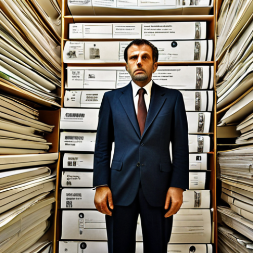 Home 13 An Italian architect, a tired but determined expression on their face, surrounded by towering stacks of official Italian permits, blueprints, and bureaucratic forms. They are standing within a stylized, intricate labyrinth made of legal documents and regulations, with subtle hints of Milanese architectural elements in the background. The atmosphere is one of overwhelming complexity but also the quiet resilience of navigating it successfully. Focus on the concept of 'dragon with many heads' through the sheer volume and entanglement of paperwork.