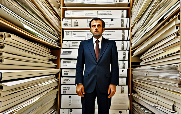 An Italian architect, a tired but determined expression on their face, surrounded by towering stacks of official Italian permits, blueprints, and bureaucratic forms. They are standing within a stylized, intricate labyrinth made of legal documents and regulations, with subtle hints of Milanese architectural elements in the background. The atmosphere is one of overwhelming complexity but also the quiet resilience of navigating it successfully. Focus on the concept of 'dragon with many heads' through the sheer volume and entanglement of paperwork.