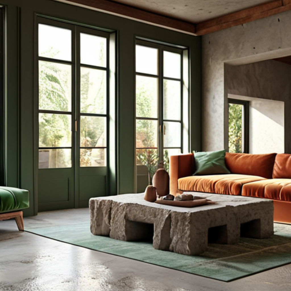 **Prompt:** Photorealistic 3D rendering of a modern living room interior. Focus on natural light streaming through large windows, highlighting various material textures: a plush velvet sofa, a rough-hewn wooden coffee table, and a polished concrete floor. The color palette should be harmonious, with accents of warm terracotta and muted greens. The composition should emphasize the spatial layout, showing the flow from the living room to a terrace. V-Ray or Corona Renderer quality, cinematic lighting, 8K resolution.