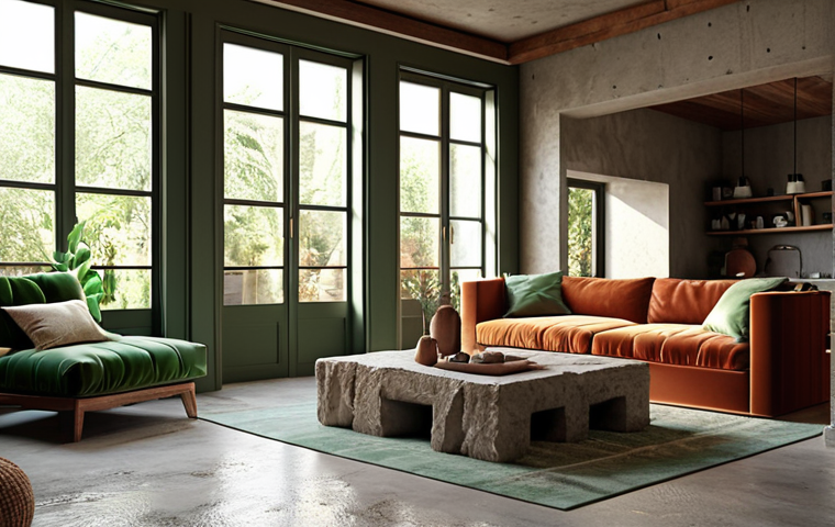 **Prompt:** Photorealistic 3D rendering of a modern living room interior. Focus on natural light streaming through large windows, highlighting various material textures: a plush velvet sofa, a rough-hewn wooden coffee table, and a polished concrete floor. The color palette should be harmonious, with accents of warm terracotta and muted greens. The composition should emphasize the spatial layout, showing the flow from the living room to a terrace. V-Ray or Corona Renderer quality, cinematic lighting, 8K resolution.