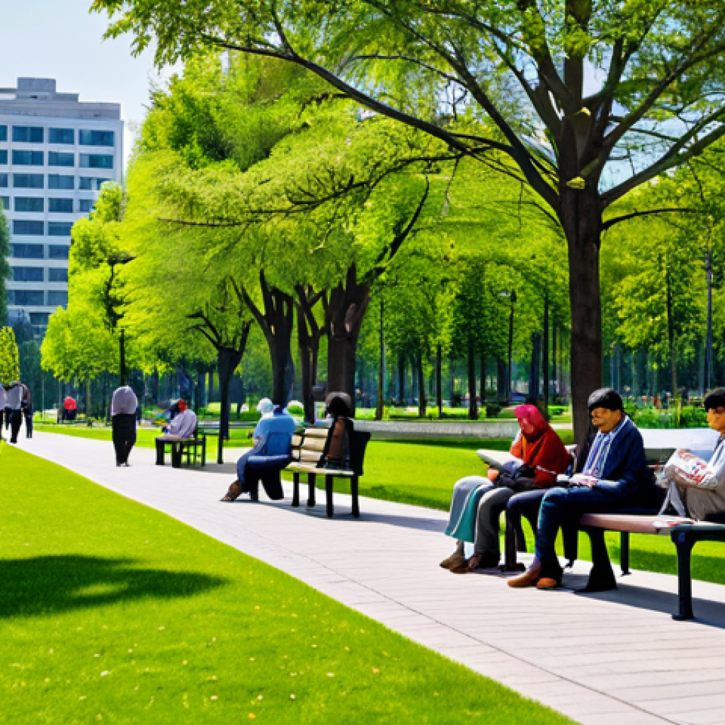 A serene and thriving urban green park, designed with lush biodiversity, featuring diverse individuals and small groups fully clothed in modest, professional attire. People are quietly reading on comfortable benches, families are enjoying recreational activities on well-maintained lawns, and others are strolling along winding, permeable pathways. The scene highlights the psychological well-being and community connection fostered by nature, with abundant trees, vibrant flowers, and a sense of calm. Safe for work, appropriate content, fully clothed, family-friendly, perfect anatomy, correct proportions, natural pose, well-formed hands, proper finger count, professional photography, high quality, 8K, highly detailed.