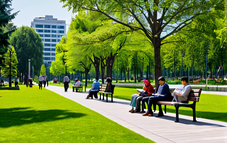 A serene and thriving urban green park, designed with lush biodiversity, featuring diverse individuals and small groups fully clothed in modest, professional attire. People are quietly reading on comfortable benches, families are enjoying recreational activities on well-maintained lawns, and others are strolling along winding, permeable pathways. The scene highlights the psychological well-being and community connection fostered by nature, with abundant trees, vibrant flowers, and a sense of calm. Safe for work, appropriate content, fully clothed, family-friendly, perfect anatomy, correct proportions, natural pose, well-formed hands, proper finger count, professional photography, high quality, 8K, highly detailed.