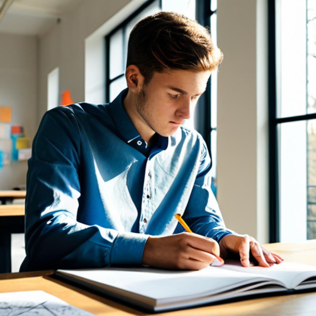 A focused male spatial design student, in a modern, well-lit design studio, wearing a professional, modest long-sleeved shirt and trousers. He is seated at a clean desk, surrounded by hand-drawn architectural sketches, colorful mood boards, and open design notebooks. Sunlight streams in through a large window, illuminating his concentrated expression. The background shows hints of a contemporary, minimalist interior with subtle architectural details. The overall scene conveys creativity, deep thought, and the initial phase of a design project. Perfect anatomy, correct proportions, natural pose, well-formed hands, proper finger count, natural body proportions. Fully clothed, appropriate attire, professional dress, safe for work, appropriate content, professional, family-friendly, high quality, professional photography.