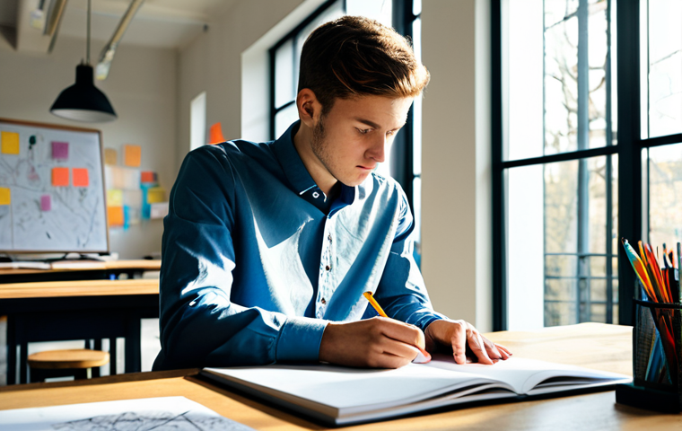 A focused male spatial design student, in a modern, well-lit design studio, wearing a professional, modest long-sleeved shirt and trousers. He is seated at a clean desk, surrounded by hand-drawn architectural sketches, colorful mood boards, and open design notebooks. Sunlight streams in through a large window, illuminating his concentrated expression. The background shows hints of a contemporary, minimalist interior with subtle architectural details. The overall scene conveys creativity, deep thought, and the initial phase of a design project. Perfect anatomy, correct proportions, natural pose, well-formed hands, proper finger count, natural body proportions. Fully clothed, appropriate attire, professional dress, safe for work, appropriate content, professional, family-friendly, high quality, professional photography.