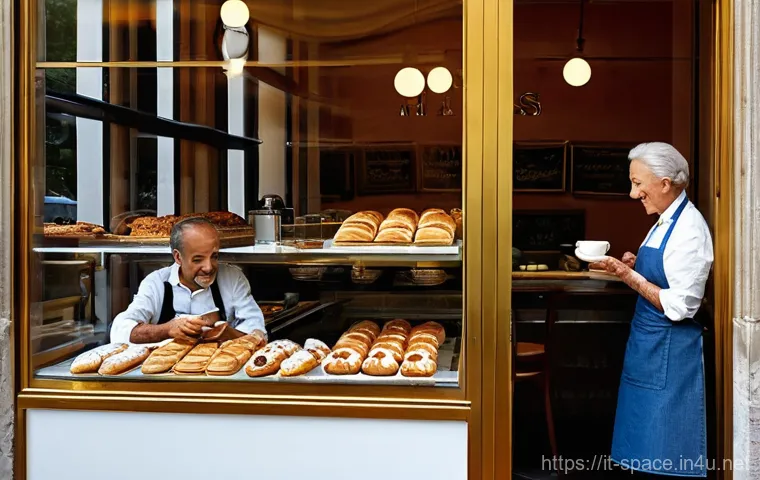 공간디자인과 UX의 관계 - **Prompt:** A cozy and inviting interior of a traditional Italian *pasticceria* or *panificio*. The ...