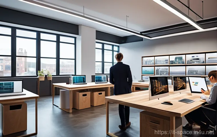 공간디자인 프로젝트 관리 소프트웨어 - **Prompt: "A bustling, sun-lit modern architectural design studio. A diverse team of architects and ...