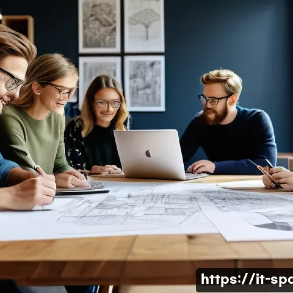 공간디자인 현장 실습생 이야기 - A modern interior design studio scene showing a diverse team of professional designers collaborating...