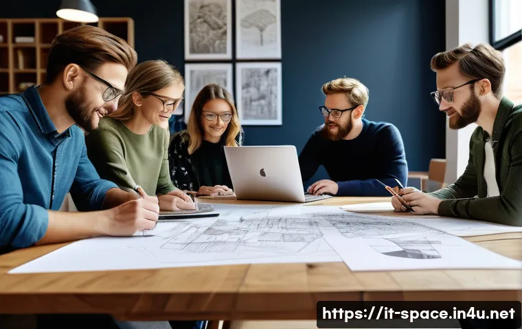 공간디자인 현장 실습생 이야기 - A modern interior design studio scene showing a diverse team of professional designers collaborating...