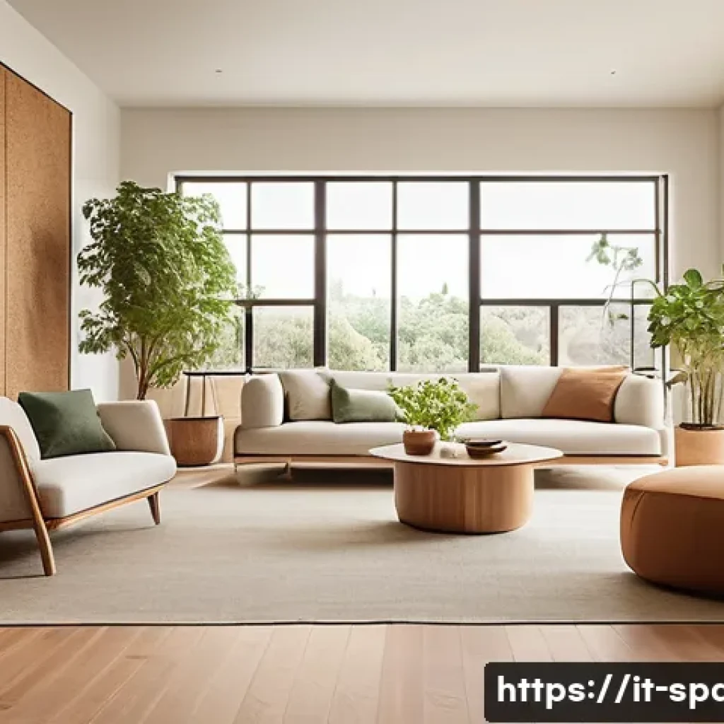 공간디자인 최신 트렌드 분석 - A modern living room interior featuring sustainable materials: walls adorned with cork panels provid...