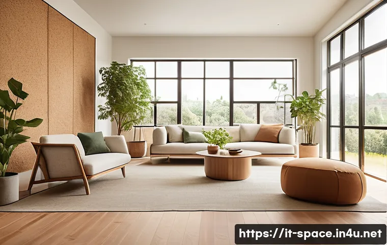 공간디자인 최신 트렌드 분석 - A modern living room interior featuring sustainable materials: walls adorned with cork panels provid...