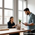 공간디자이너의 직업 만족도 - A modern Italian interior design studio scene, featuring an interior designer consulting with a clie...