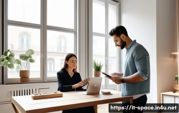 공간디자이너의 직업 만족도 - A modern Italian interior design studio scene, featuring an interior designer consulting with a clie...