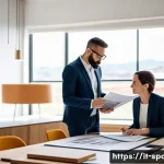 공간디자인 시공 단계별 체크리스트 - A modern Italian interior design office scene showing a professional architect and client in discuss...