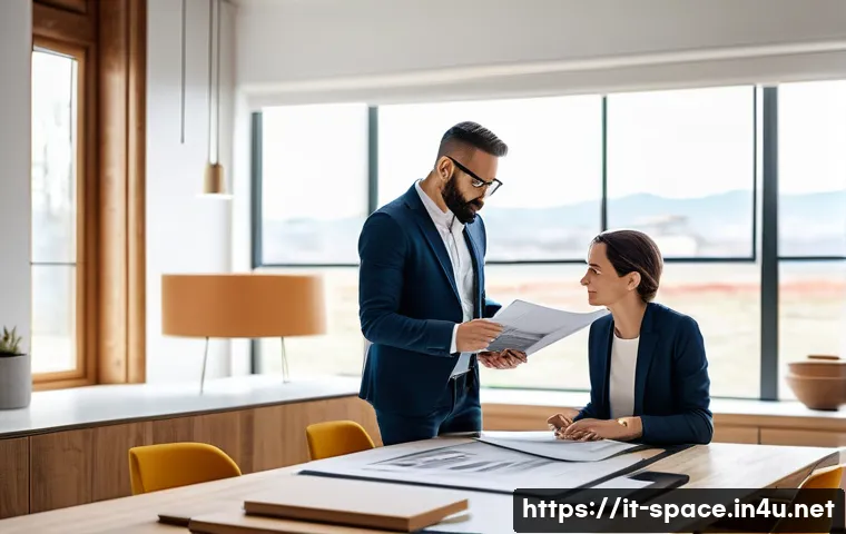 공간디자인 시공 단계별 체크리스트 - A modern Italian interior design office scene showing a professional architect and client in discuss...