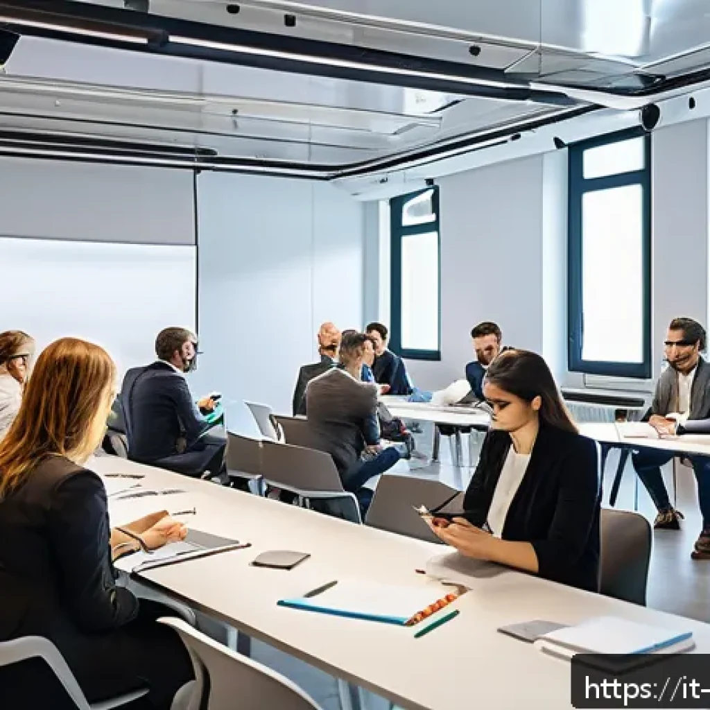 공간디자인 세미나 참석 후기 작성법 - A modern seminar room setting with a diverse group of professionals taking organized notes during a ...