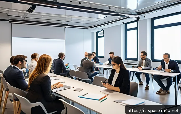 공간디자인 세미나 참석 후기 작성법 - A modern seminar room setting with a diverse group of professionals taking organized notes during a ...