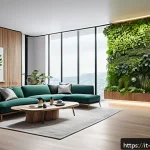 공간디자인 프로젝트 사례 분석 - A modern living room interior showcasing biophilic design with automated green walls featuring lush ...