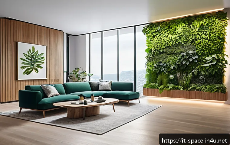 공간디자인 프로젝트 사례 분석 - A modern living room interior showcasing biophilic design with automated green walls featuring lush ...